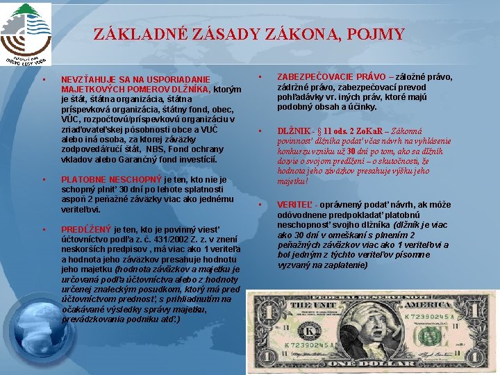 ZÁKLADNÉ ZÁSADY ZÁKONA, POJMY • • • NEVZŤAHUJE SA NA USPORIADANIE MAJETKOVÝCH POMEROV DLŽNÍKA,