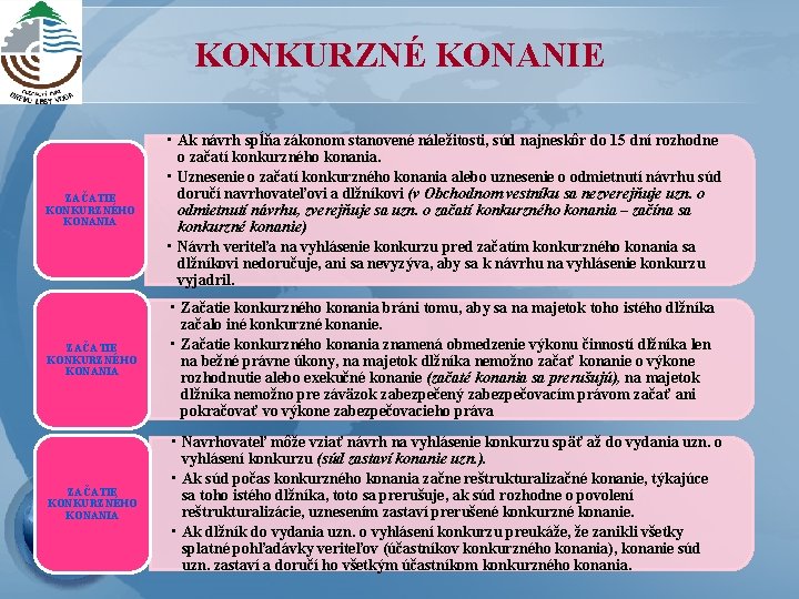 KONKURZNÉ KONANIE ZAČATIE KONKURZNÉHO KONANIA • Ak návrh spĺňa zákonom stanovené náležitosti, súd najneskôr