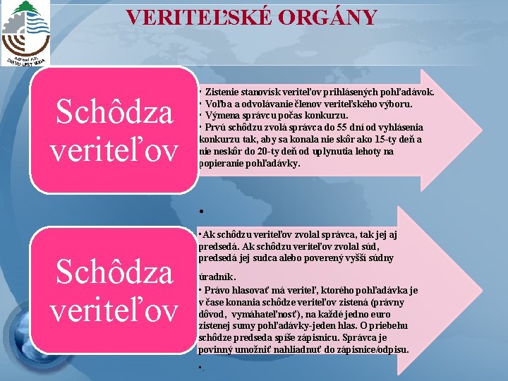 VERITEĽSKÉ ORGÁNY Schôdza veriteľov • Zistenie stanovísk veriteľov prihlásených pohľadávok. • Voľba a odvolávanie