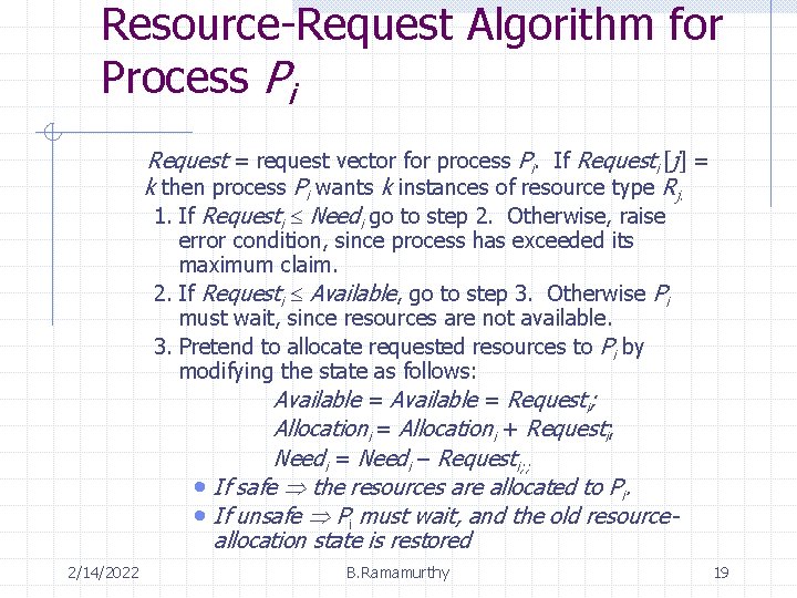 Resource-Request Algorithm for Process Pi Request = request vector for process Pi. If Requesti