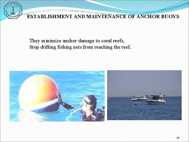 ESTABLISHMENT AND MAINTENANCE OF ANCHOR BUOYS They minimize anchor damage to coral reefs, Stop