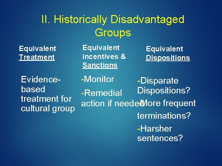 II. Historically Disadvantaged Groups Equivalent Treatment Equivalent incentives & Sanctions Equivalent Dispositions -Monitor Evidence-Disparate