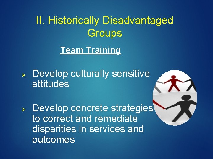II. Historically Disadvantaged Groups Team Training Ø Ø Develop culturally sensitive attitudes Develop concrete