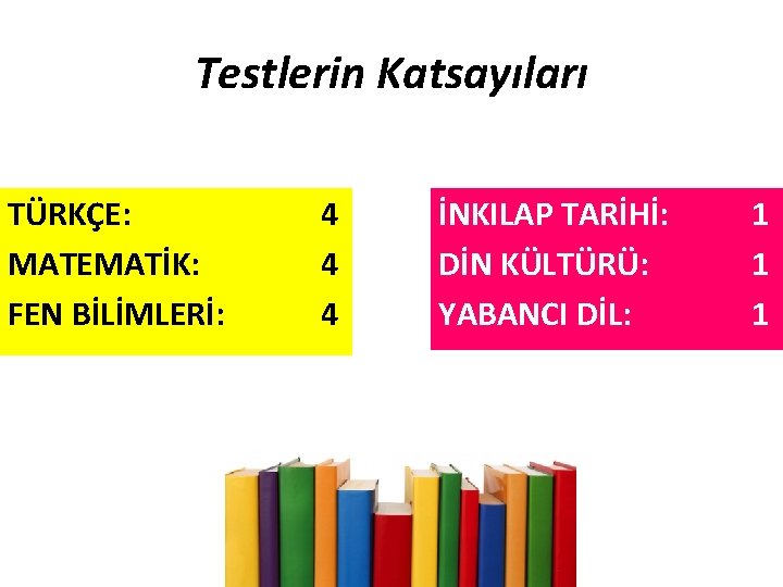 Testlerin Katsayıları TÜRKÇE: MATEMATİK: FEN BİLİMLERİ: 4 4 4 İNKILAP TARİHİ: DİN KÜLTÜRÜ: YABANCI