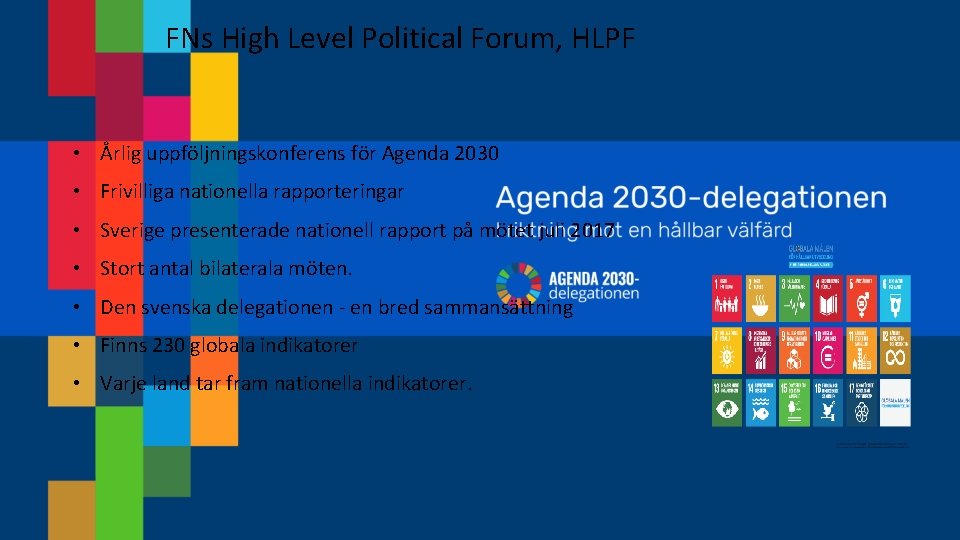 FNs High Level Political Forum, HLPF • Årlig uppföljningskonferens för Agenda 2030 • Frivilliga