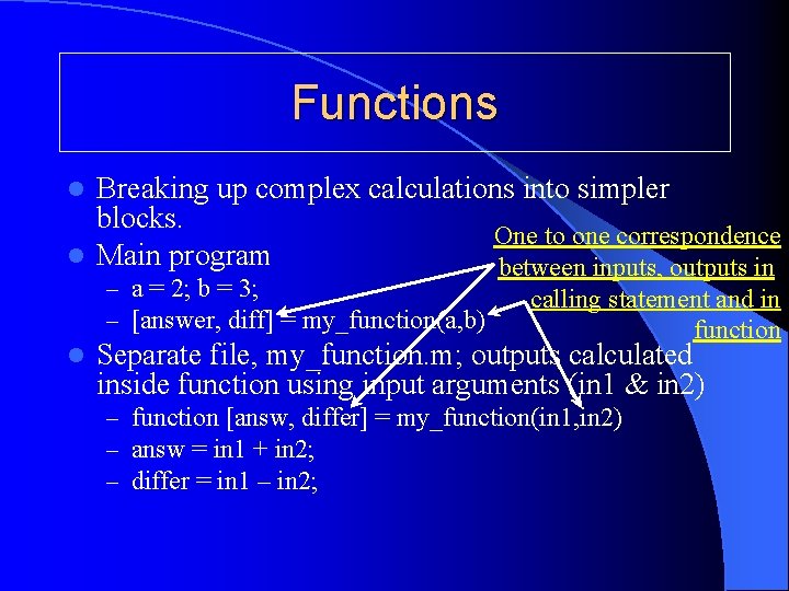 Functions Breaking up complex calculations into simpler blocks. One to one correspondence l Main