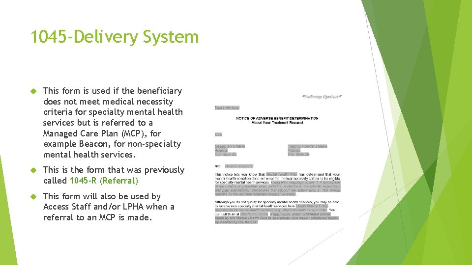 1045 -Delivery System This form is used if the beneficiary does not meet medical