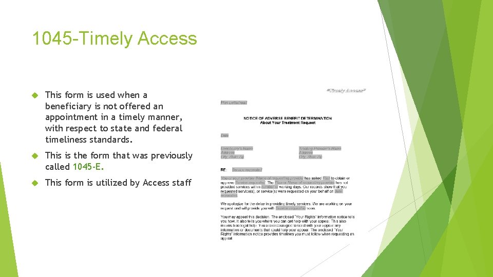 1045 -Timely Access This form is used when a beneficiary is not offered an