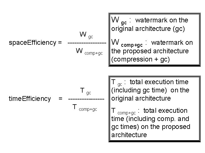 W gc : watermark on the original architecture (gc) W gc space. Efficiency = W gc : watermark on the original architecture (gc) W gc space. Efficiency =