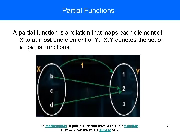 Partial Functions A partial function is a relation that maps each element of X Partial Functions A partial function is a relation that maps each element of X