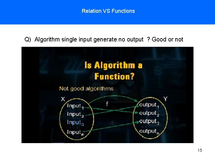 Relation VS Functions Q) Algorithm single input generate no output ? Good or not Relation VS Functions Q) Algorithm single input generate no output ? Good or not