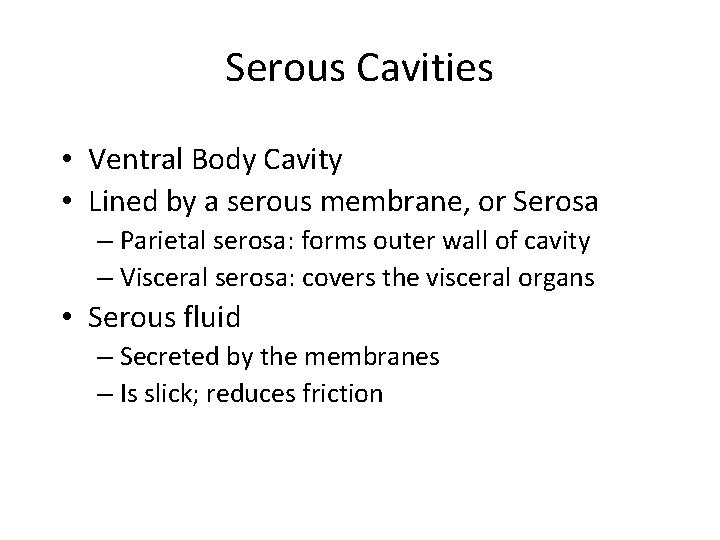 Serous Cavities • Ventral Body Cavity • Lined by a serous membrane, or Serosa