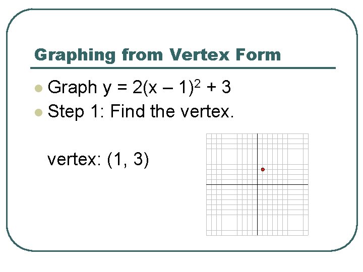 Graphing from Vertex Form Graph y = 2(x – 1)2 + 3 l Step