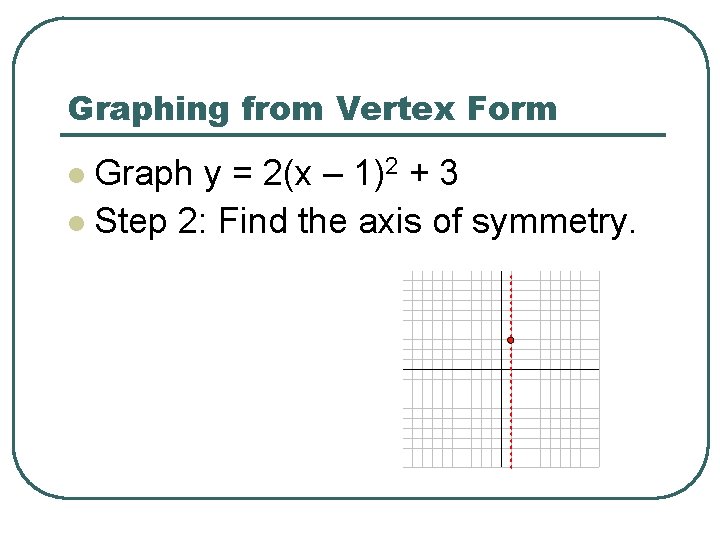 Graphing from Vertex Form Graph y = 2(x – 1)2 + 3 l Step