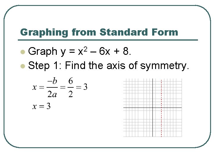 Graphing from Standard Form Graph y = x 2 – 6 x + 8.