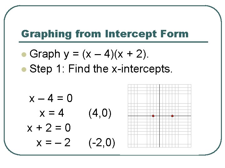 Graphing from Intercept Form Graph y = (x – 4)(x + 2). l Step