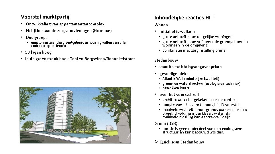 Voorstel marktpartij Inhoudelijke reacties HIT • Ontwikkeling van appartementencomplex • Nabij bestaande zorgvoorzieningen (Florence)