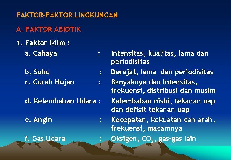 FAKTOR-FAKTOR LINGKUNGAN A. FAKTOR ABIOTIK 1. Faktor Iklim : a. Cahaya b. Suhu c.