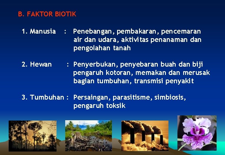 B. FAKTOR BIOTIK 1. Manusia 2. Hewan : Penebangan, pembakaran, pencemaran air dan udara,