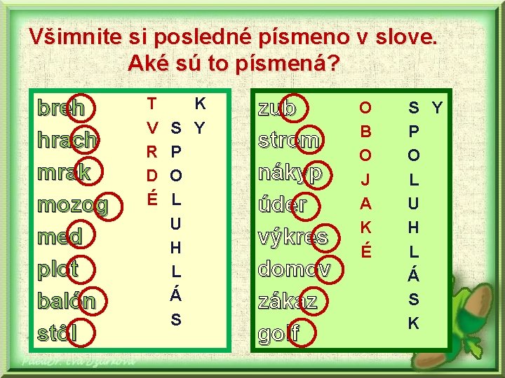 Všimnite si posledné písmeno v slove. Aké sú to písmená? breh hrach mrak mozog