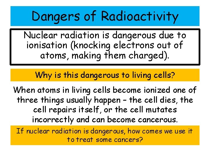 Dangers of Radioactivity Nuclear radiation is dangerous due to ionisation (knocking electrons out of