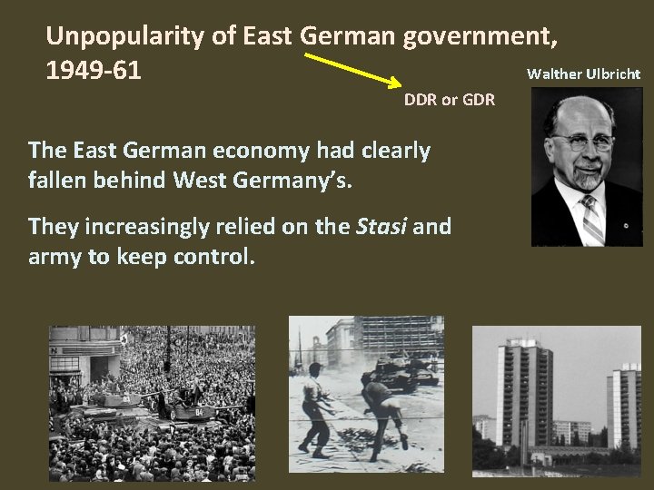 Unpopularity of East German government, 1949 -61 Walther Ulbricht DDR or GDR The East