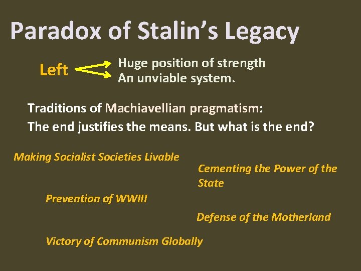Paradox of Stalin’s Legacy Left Huge position of strength An unviable system. Traditions of