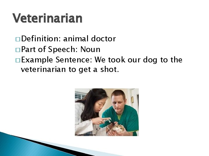 Veterinarian � Definition: animal doctor � Part of Speech: Noun � Example Sentence: We