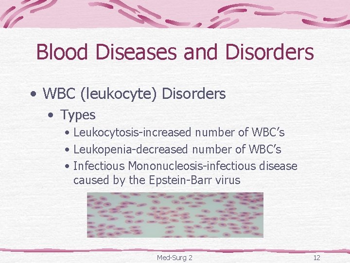 Blood Diseases and Disorders • WBC (leukocyte) Disorders • Types • Leukocytosis-increased number of