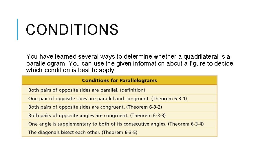 CONDITIONS You have learned several ways to determine whether a quadrilateral is a parallelogram.