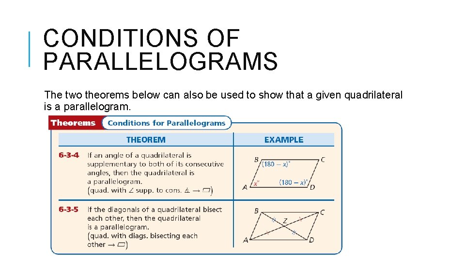 CONDITIONS OF PARALLELOGRAMS The two theorems below can also be used to show that