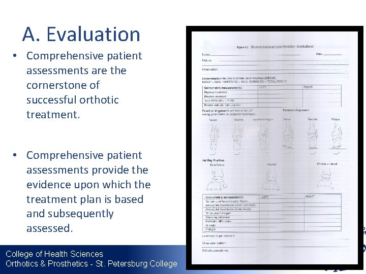A. Evaluation • Comprehensive patient assessments are the cornerstone of successful orthotic treatment. •