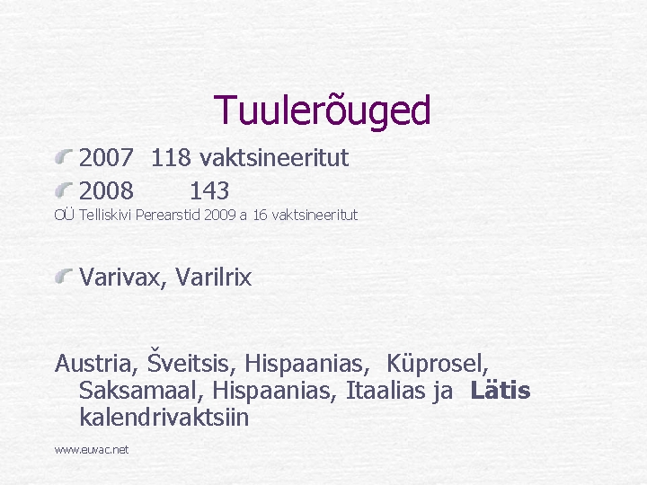 Tuulerõuged 2007 118 vaktsineeritut 2008 143 OÜ Telliskivi Perearstid 2009 a 16 vaktsineeritut Varivax,