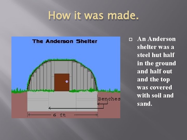 How it was made. An Anderson shelter was a steel hut half in the