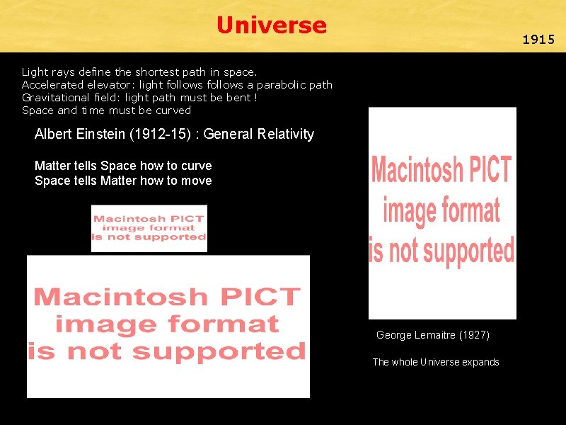 Universe 1915 Light rays define the shortest path in space. Accelerated elevator: light follows