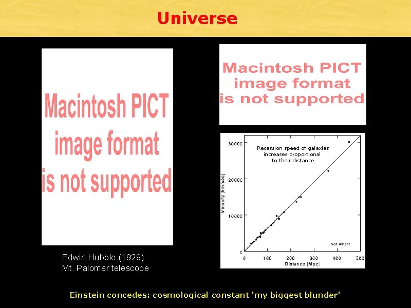 Universe Recession speed of galaxies increases proportional to their distance Edwin Hubble (1929) Mt.