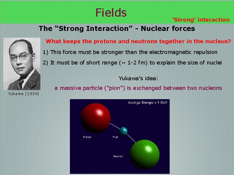 Fields ‘Strong’ interaction The “Strong Interaction” - Nuclear forces What keeps the protons and