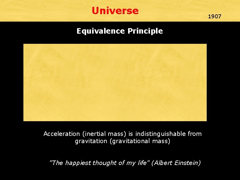 Universe Equivalence Principle Acceleration (inertial mass) is indistinguishable from gravitation (gravitational mass) "The happiest
