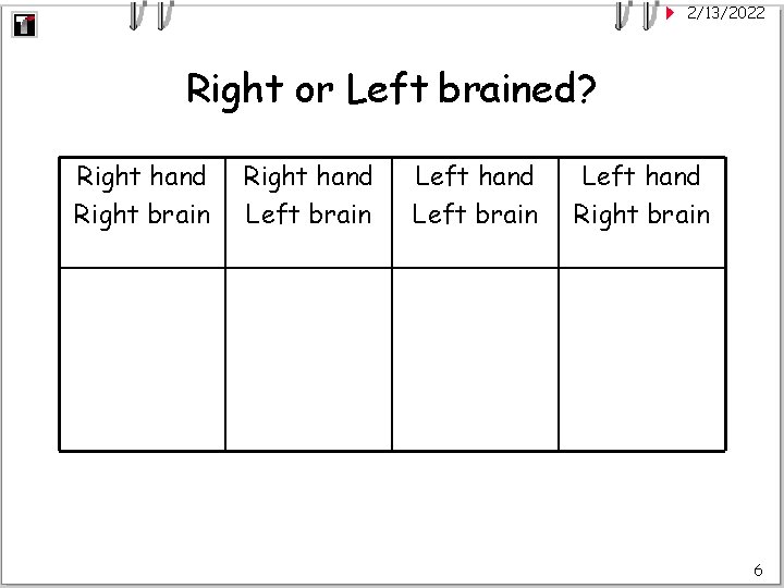2/13/2022 Right or Left brained? Right hand Right brain Right hand Left brain Left