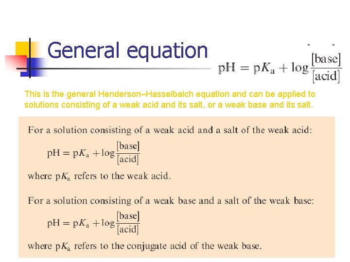 General equation This is the general Henderson–Hasselbalch equation and can be applied to solutions