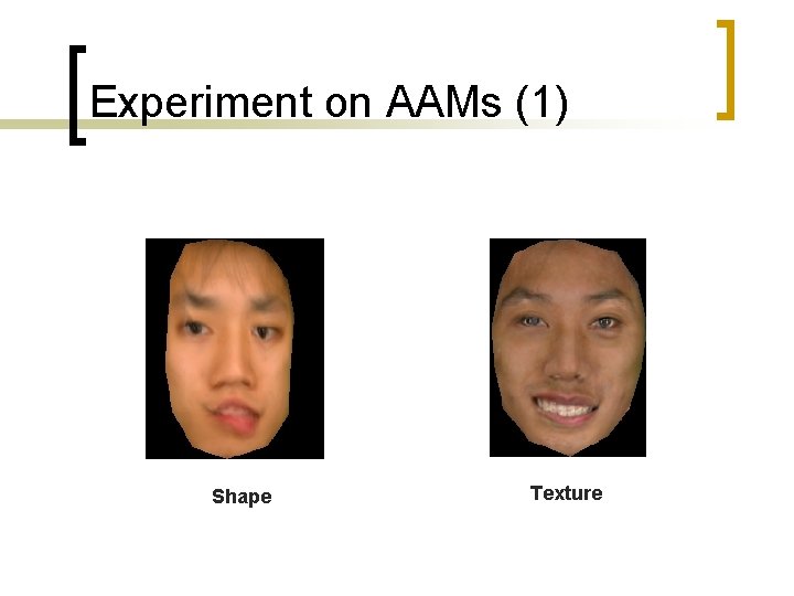 Experiment on AAMs (1) Shape Texture 