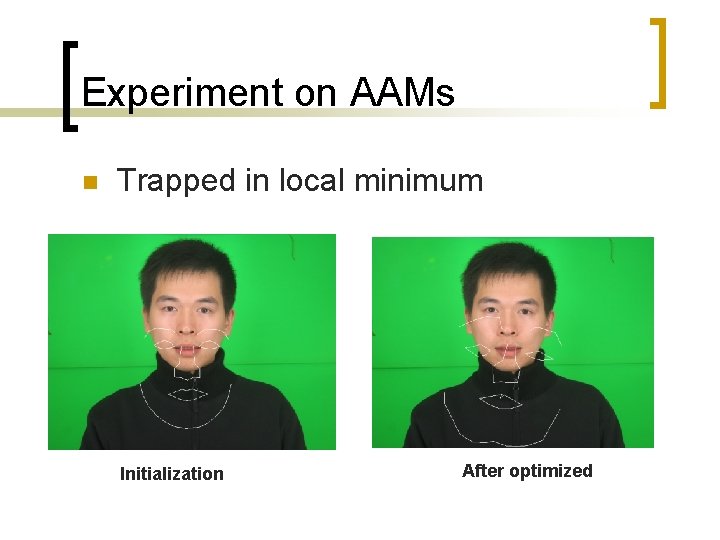 Experiment on AAMs n Trapped in local minimum Initialization After optimized 