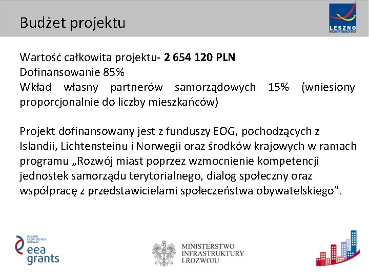 Budżet projektu Wartość całkowita projektu- 2 654 120 PLN Dofinansowanie 85% Wkład własny partnerów