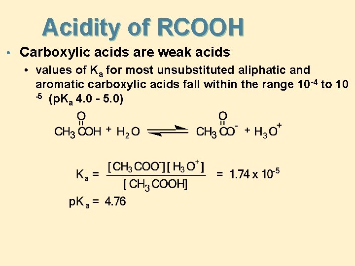 Acidity of RCOOH • Carboxylic acids are weak acids • values of Ka for