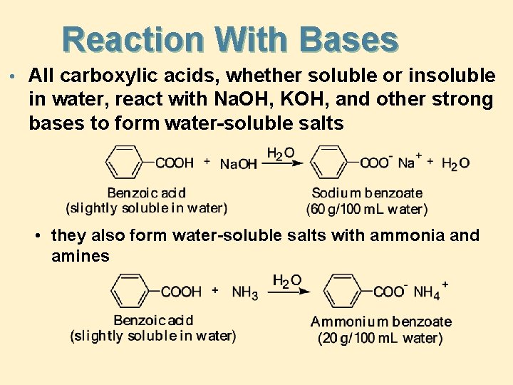 Reaction With Bases • All carboxylic acids, whether soluble or insoluble in water, react