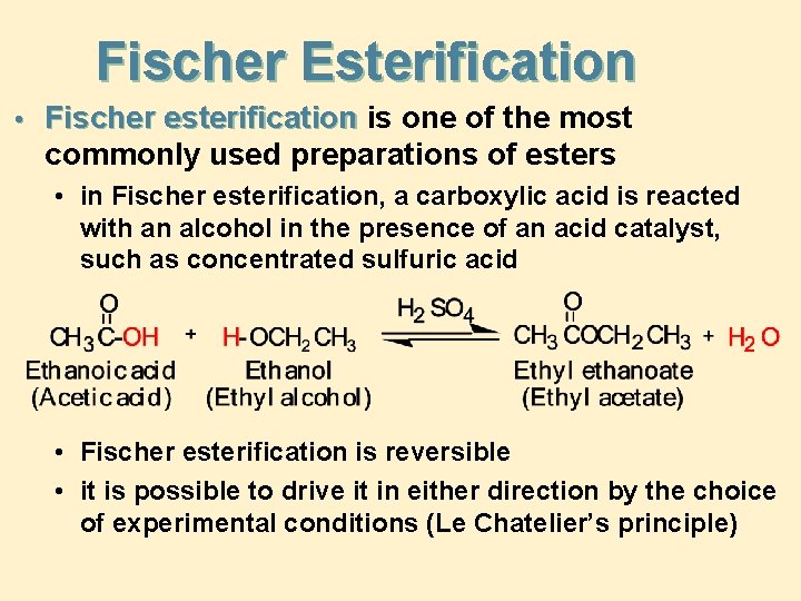 Fischer Esterification • Fischer esterification is one of the most commonly used preparations of