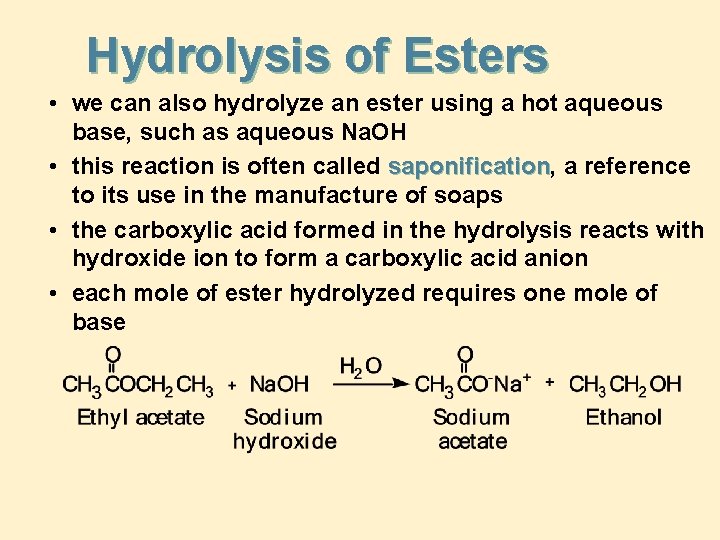Hydrolysis of Esters • we can also hydrolyze an ester using a hot aqueous