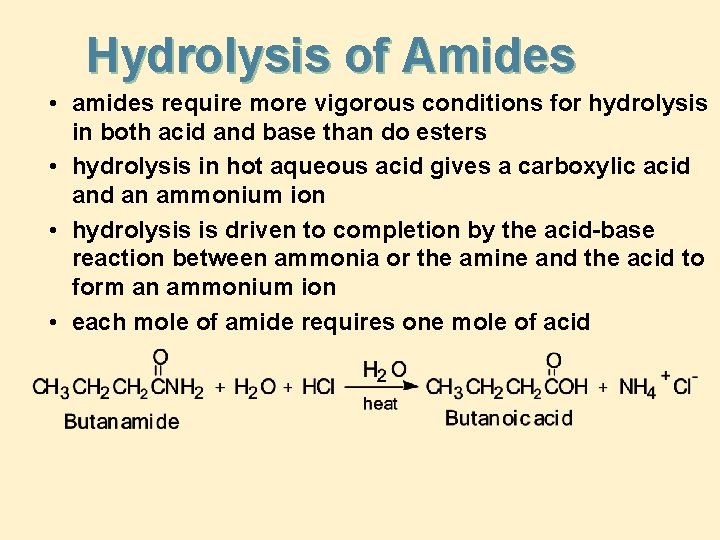 Hydrolysis of Amides • amides require more vigorous conditions for hydrolysis in both acid