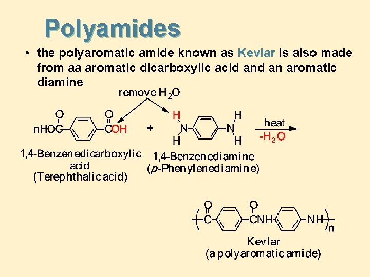 Polyamides • the polyaromatic amide known as Kevlar is also made from aa aromatic