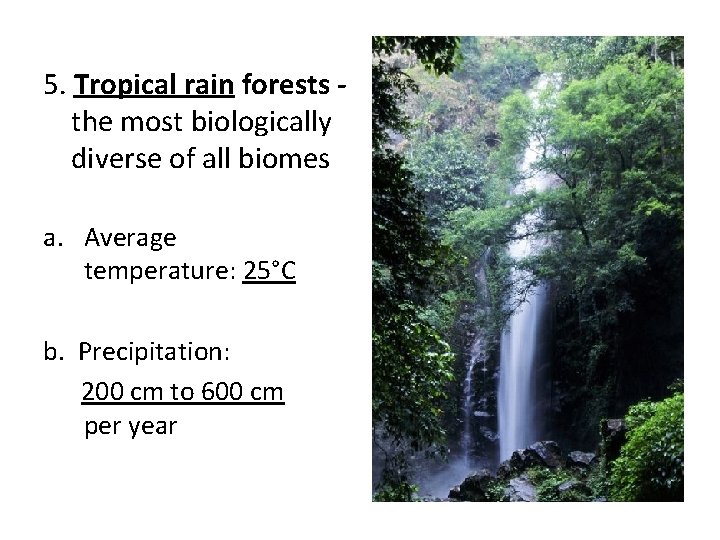 5. Tropical rain forests the most biologically diverse of all biomes a. Average temperature: